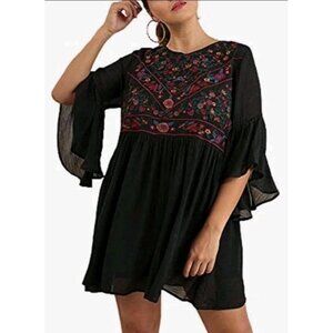 Umgee Black Multicolor Floral Embroidered Bell Sleeve Boho A-line Flowy Dress 1X